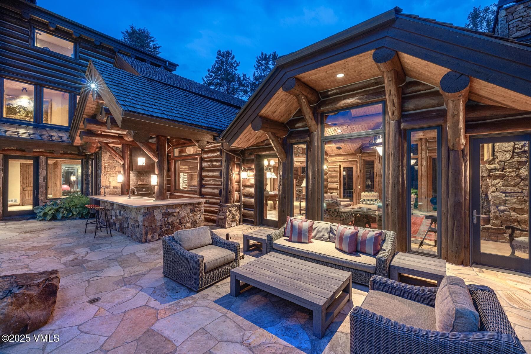 Outdoor sitting area at night