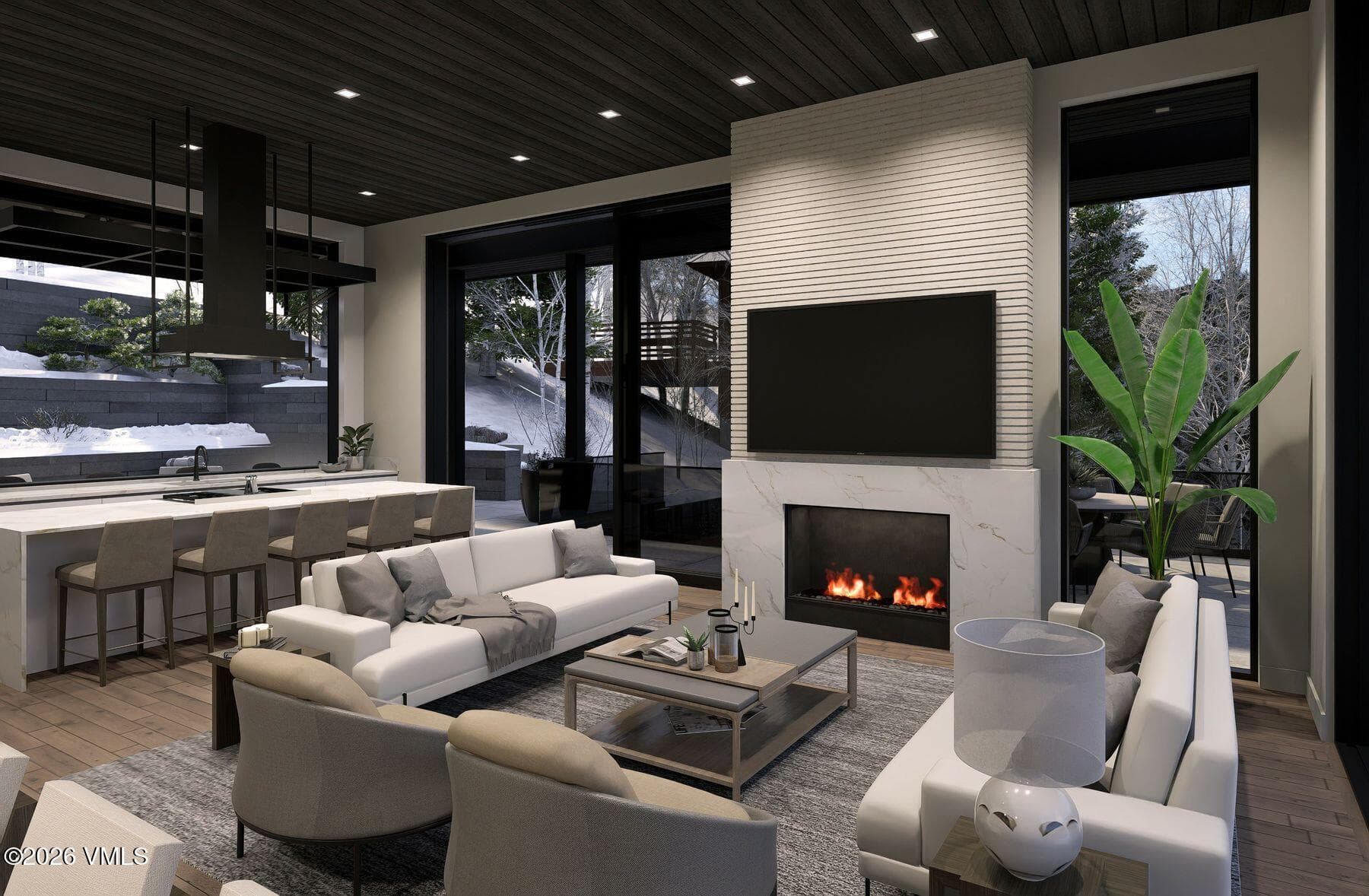 rendering living room kitchen and outdoor bar