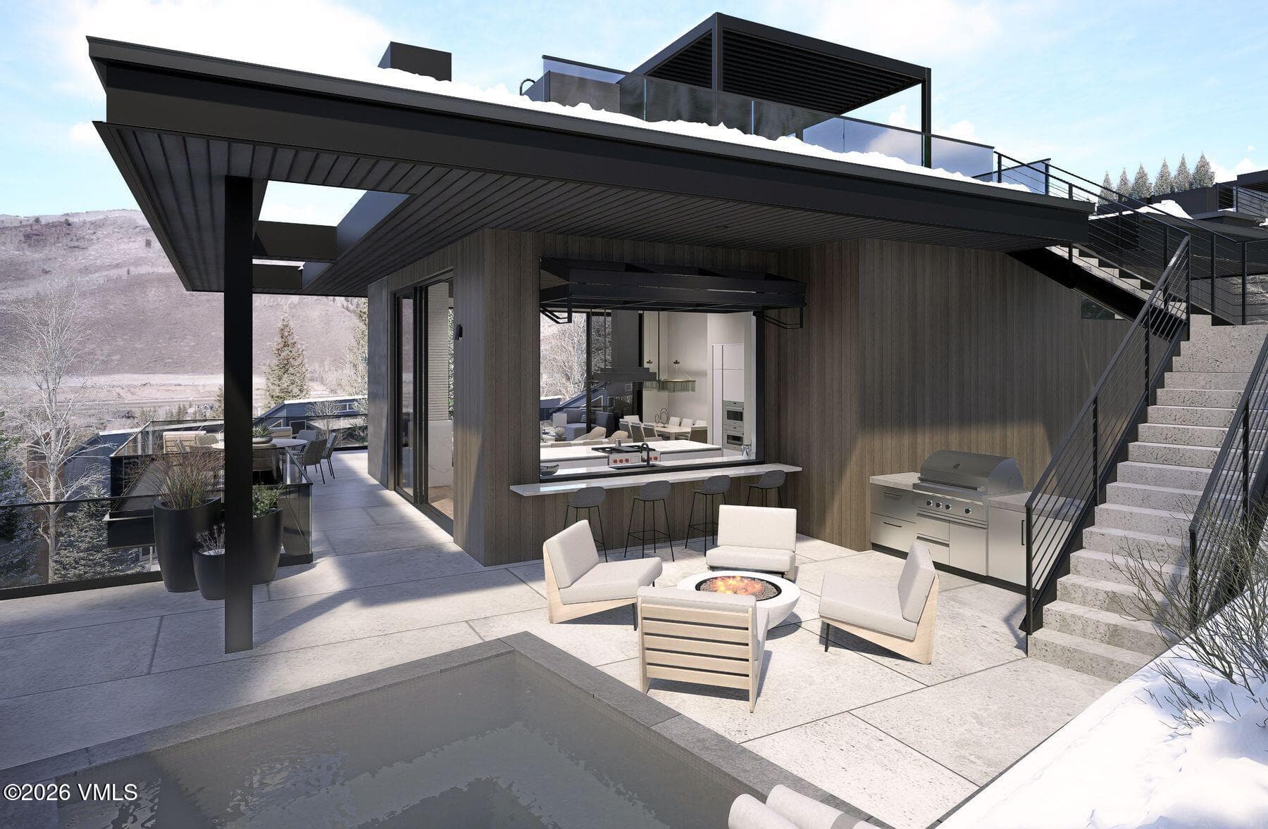 renderings exterior patio and kitchen passthrough bar to patio stairs to upper deck