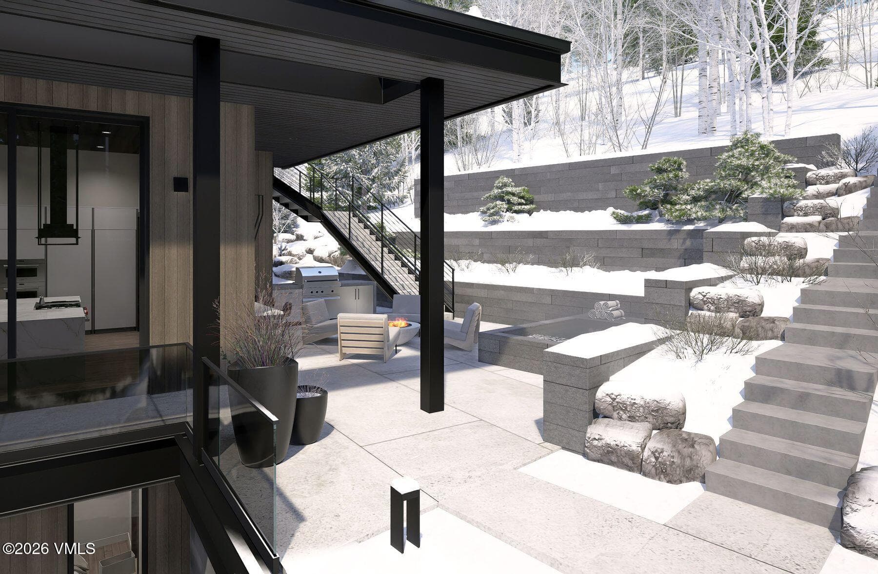 rendering patio and heated steps to ski in ski out