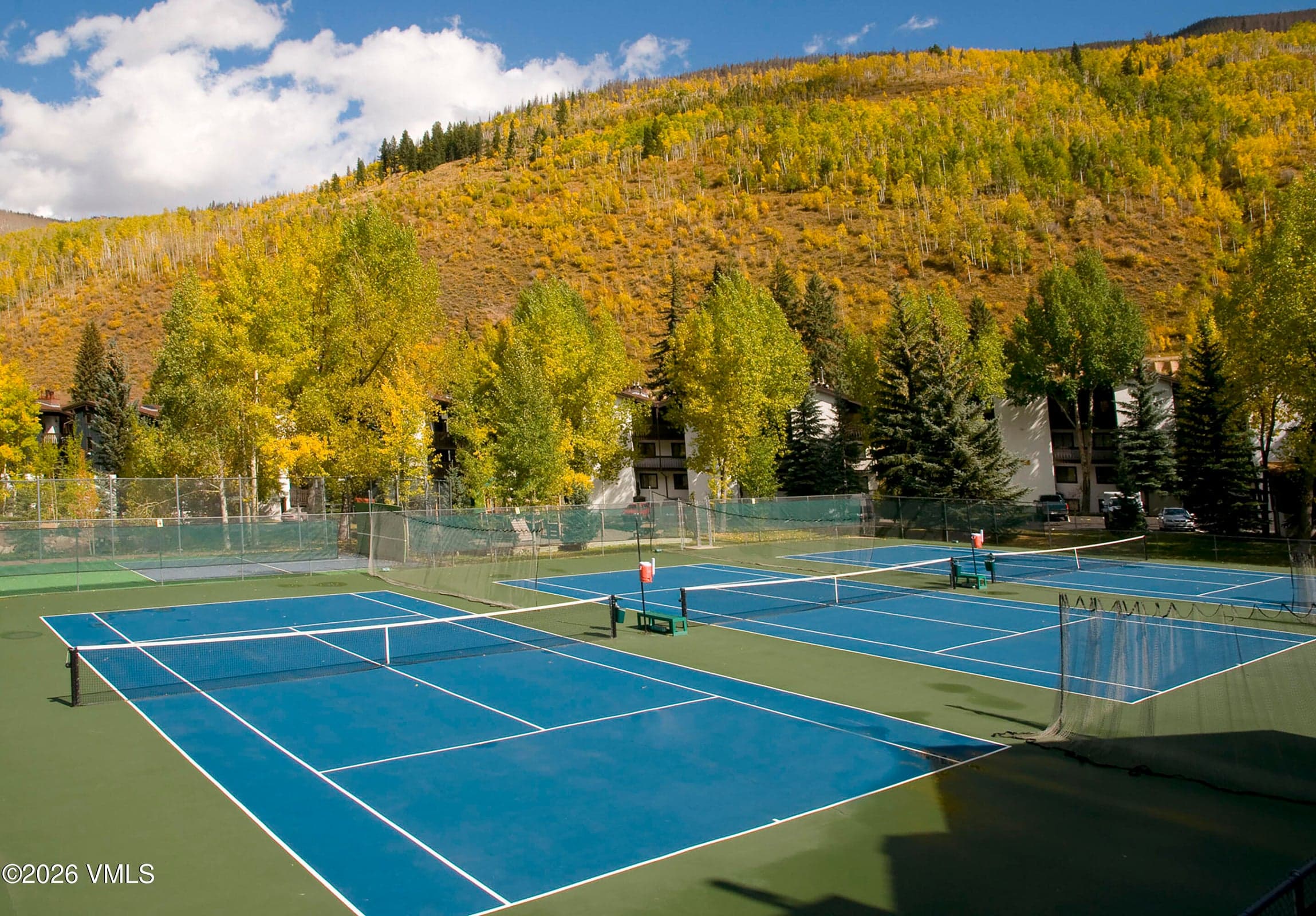 Ground-level view of the tennis courts with fall foliage on the hillside.