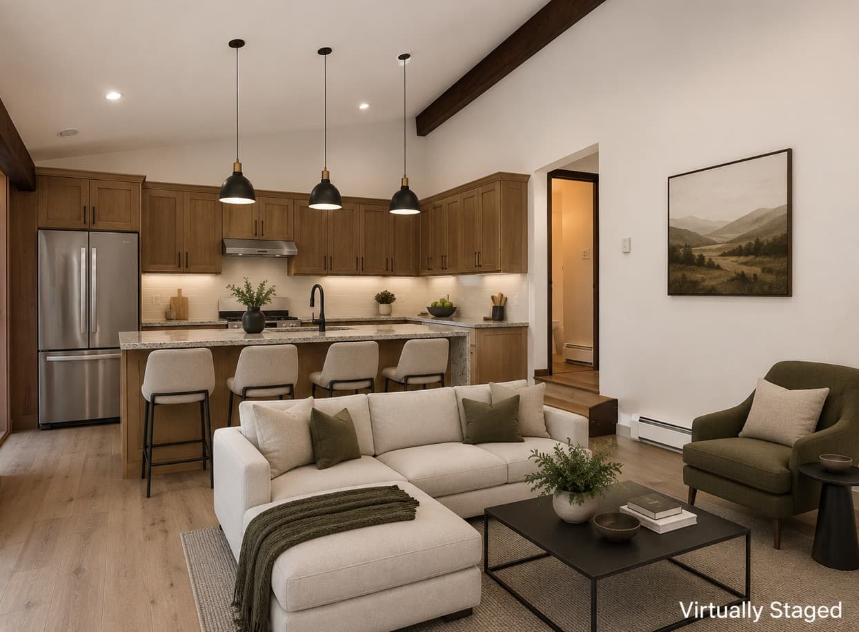 Virtually Staged Living Room and Kitchen